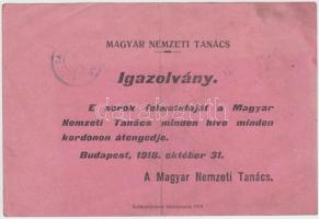 1918 Magyar Nemzeti Tanács igazolvány, pecséttel, 11×16 cm