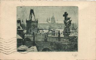 Praha Karluv most / bridge, etching style card