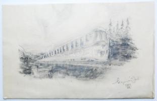 Kapuvári Jenő: Mozdonyvonat. Ceruza, indigós papír, jelzett, 14×23 cn