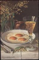 Fried eggs with champagne, Raphael Tuck Oilette s: Hildebrandt