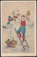 New Year, hungarian boy with snowman s: Bacsa János (EK)