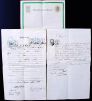 1864-1940 Üres ügyvédi meghatalmazás-nyomtatvány 2p benyomott okmánybélyeggel és benyomott 40f "Ügyvédi jóléti hozzájárulás" adománybélyeggel + nyugra és kötelezvény / 3 documents with signettas