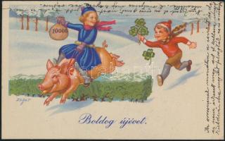 New Year, pig, children with money and clovers s: Zsolt