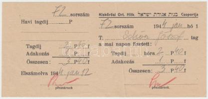 1944 Kiskőrös Orth. Hitközség tagdíj és adomány nyugta