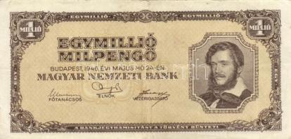 1945. 100.000P (2x) + 1.000.000MP (2x) + 1.000.000MP (2x) páronként színvariációk T:II-,III