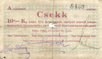 Pápa 1919. május 8. "Pápai csekk" 10K (6x) + 20K (6x) + 50K (2x) mind lyukasztással érvény...