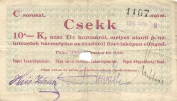 Pápa 1919. május 8. "Pápai csekk" 10K (6x) + 20K (6x) + 50K (2x) mind lyukasztással érvény...