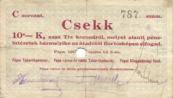 Pápa 1919. május 8. "Pápai csekk" 10K (6x) + 20K (6x) + 50K (2x) mind lyukasztással érvény...