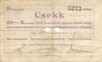 Pápa 1919. május 8. "Pápai csekk" 10K (6x) + 20K (6x) + 50K (2x) mind lyukasztással érvény...