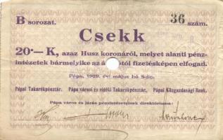 Pápa 1919. május 8. "Pápai csekk" 10K (6x) + 20K (6x) + 50K (2x) mind lyukasztással érvény...