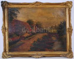 Bánáti jelzéssel: Falurészlet patakkal. Olaj, vászon, antik keretben 58×72 cm, sötét