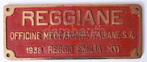 1938 Reggiane Officine Meccaniche Italiane S.A. Reggio Emilia XVI, olasz repülőgép-, motor- és vasúti gépgyár, réz tábla /  Italian aircraft, motor and rail coach factory, 25x10cm
