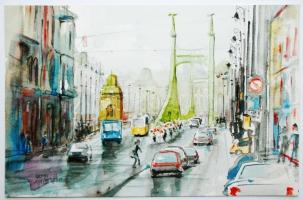 Patyi Árpád: Budapest 2 oldalas, Akvarell, merített papír, jelzett, 18x29 cm