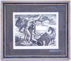 Gy. Szabó Béla (1905-1985): Ló fürdetés. Fametszet, papír, üvegezett keretben 28×33 cm