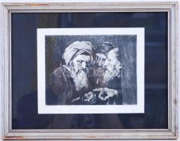 Mathey: Munkácsy - Vitatkozó birák c. képe alapján készített rézkarca, üvegezett keretben 27×35 cm