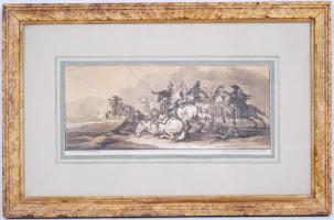 Cca 1800 Christiano Rugendas: Csatajelenet. Rézmetszet, papír, üvegezett keretben 23×36 cm /Engravings, Christiano Rugendas Sculp., Battle