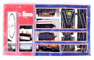 Lima vasút készlet, egy mozdonnyal, hat teher vagonnal, sínekkel, váltóval, trafóval, hiányos eredeti dobozában