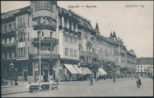 Zagreb Jelacic square with ice cream vendors, the dentist office of J. Fuchs and the shops of Stanisic and Poppovic, bank