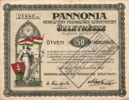 1920. "Pannonia Keresztény Fogyasztási Szövetkezet" üzletrésze 50K-ról, szelvényekkel T:III