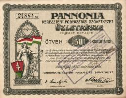 1920. "Pannonia Keresztény Fogyasztási Szövetkezet" üzletrésze 50K-ról, szelvényekkel T:III