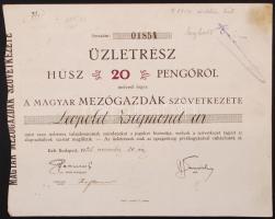 1926. "A Magyar Mezőgazdák Szövetkezete" üzletrészjegy 20P-ről, szelvényekkel T:II