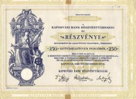 1929. "Kaposvári Bank Részvénytársaság" részvénye 250P-ről, ragasztva T:III