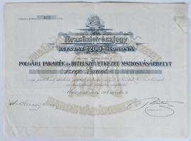 1908. "Polgári Takarék és Hitelszövetkezet Marosvásárhelyt" üzletrészjegye 200K-ról, szelvényekkel T:II-
