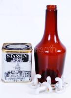 Meinl Gyula Budapest üvegpalack, jelzett, hibátlan, kupak nélkül és 5 db porcelán akasztó