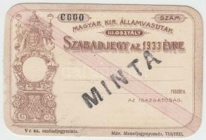 1933 Magyar kir. Államvasutak szabadjegy minta