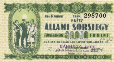 1950. "XV. Állami Sorsjáték" fél sorsjegy T:I-