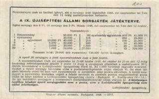 1948. "IX. Állami Sorsjáték" egész sorsjegy 60.000Ft-ról T:I-