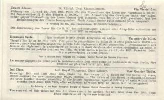 1925. "14. Magyar Osztálysorsjáték" 1/4 "D" sorsjegy T:I-