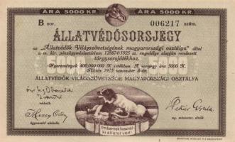 1925. "Állatvédősorsjegy / Állatvédők Világszövetségének magyarországi osztálya" sorsjegy 5000K T:I