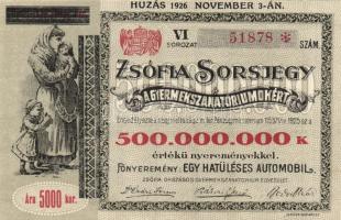 1926. "Zsófia Sorsjegy a Gyermekszanatóriumokért" 5.000K vásárlói értékkel és 500.000.000K összegű főnyereménnyel T:I-