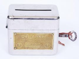 Cca 1910 Der Anker fém persely kulccsal, jelzett, 8×5 cm, m:7 cm/ Anker company, metal money box