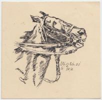 Pekáry István (1905-1981): Vágtázó ló feje. Tus, papír, jelzett, 8×8 cm