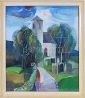 Somos Miklós (1933-2009): Öreg templom. Olaj, vászon, jelzett, üvegezett keretben 76×67 cm