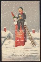 New Year, chimney sweeper with champagne on the chimney (EK)