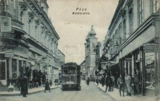 Pécs Király utca, Molnár János kereskedése, villamos (fa)