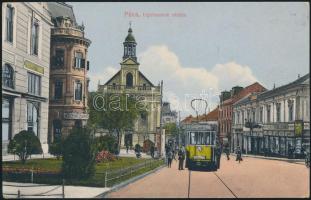 Pécs Irgalmasok utcája, Langh fia kereskedése, dr. Tolnai Jenő fogorvos rendelője, Podvinecz Károly üzlete, központi kávéház, villamos