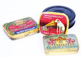 Három fém gramofontű dobozka, egyik tele jó tűkkel és egy bakelit üres tűdoboz/ Vintage gramophonpin boxes