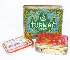 Három darab fém doboz, ebből kettő régi dohány doboz, 10×8 cm, 15×11 cm, 10×6 cm /Metal boxes with commercial