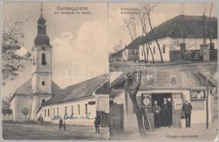 Dunaegyháza Hangya szövetkezet, községháza artézi kúttal, evangélikus templom és iskola (EK)