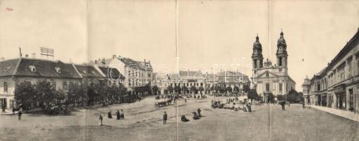 Pápa Fő tér, Nagytemplom, Vágó Dezső üzlete, piac, panorámalap (EK)