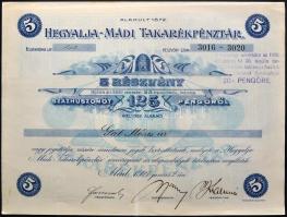 Mád 1927. "Hegyalja-Mádi Takarékpénztár" 5 részvénye összesen 125P-ről szelvényekkel T:II