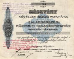 Zalaegerszeg 1923. "Zalaegerszegi Központi Takarékpénztár Részvénytársaság" részvénye 4000K-ról T:II