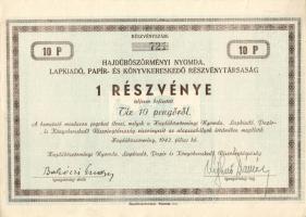 Hajdúböszörmény 1942. "Hajdúböszörményi Nyomda , Lapkiadó, Papír-és Könyvkereskedő Részvénytársaság" részvénye 10P-ről szelvényekkel T:II