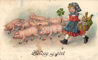 New Year, girl with pigs, litho (EK)