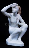 Aquincum, távolba néző akt, kézzel festett, jelzett, hibátlan  /Handpainted Aquincum chinaware nude figure 20 cm