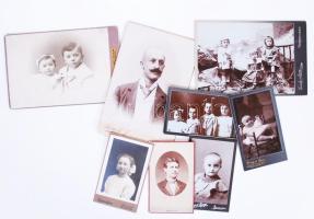 cca 1900 8db keményhátú fotó különféle debreceni műtermekből (Gondy  és Egey, Ruzicska Gyula, Lovag Chylinski György etc.), vizitkártya és kabinetfotó méretben /  Vintage photos